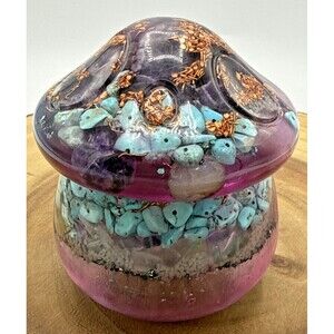 Mushroom Shaped Resin Purple Trinket Box Gold Leaf, Sand, Turquoise 4” Glows